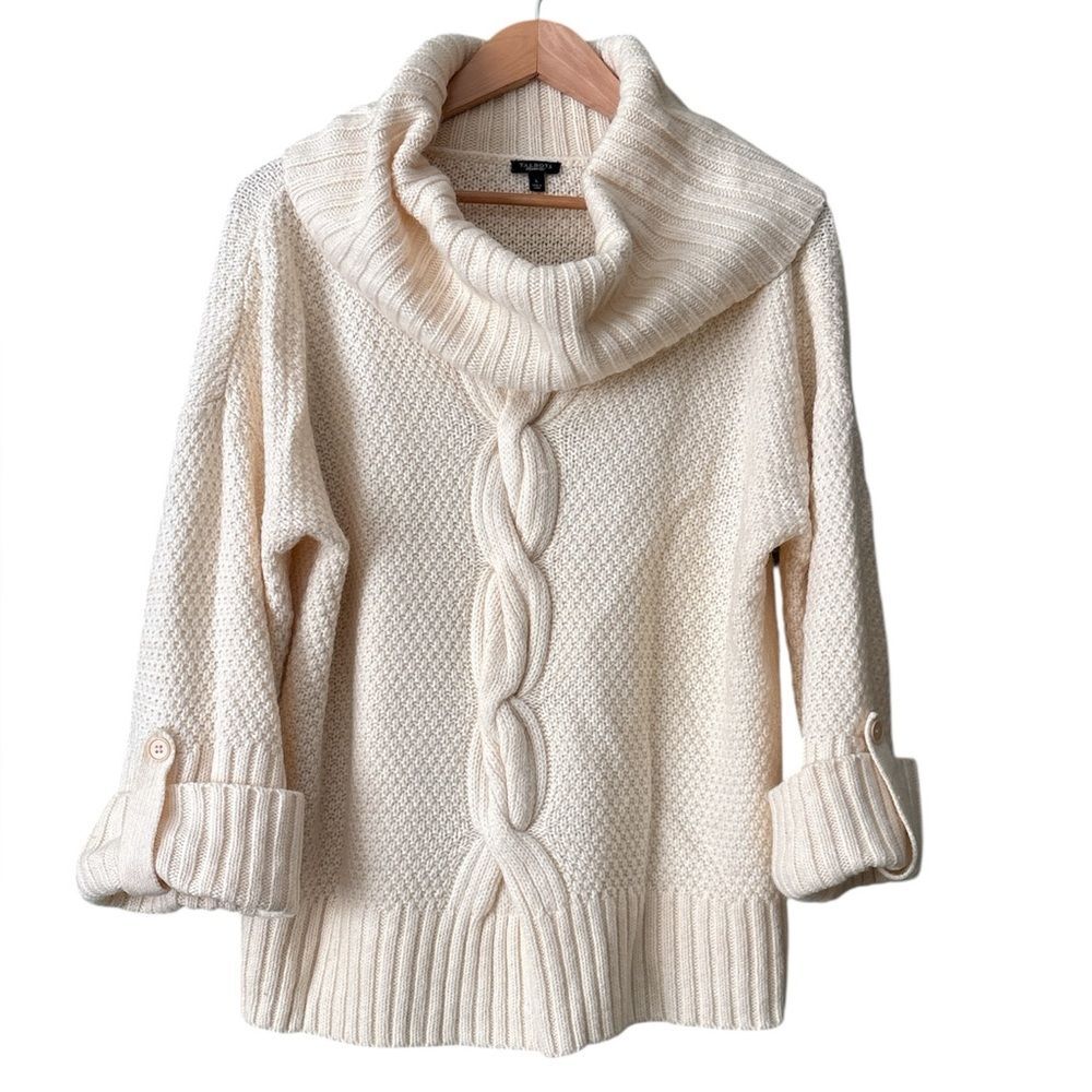 Talbots Cowl Neck Cream Cable Knit Sweater Wool Alpaca Blend Sz L